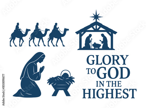 Nativity scene silhouette with Mary praying, baby in manger, stable and star, three wise men on camels, and 'Glory to God in the Highest' text