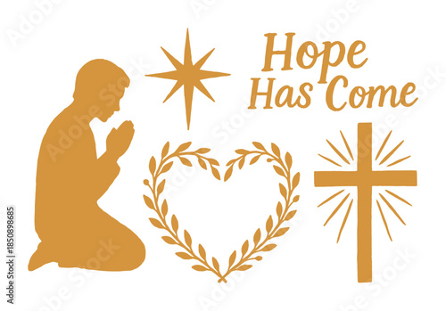 Golden religious Christmas illustration with kneeling praying figure, star, heart-shaped laurel wreath, cross, and hopeful inspirational message