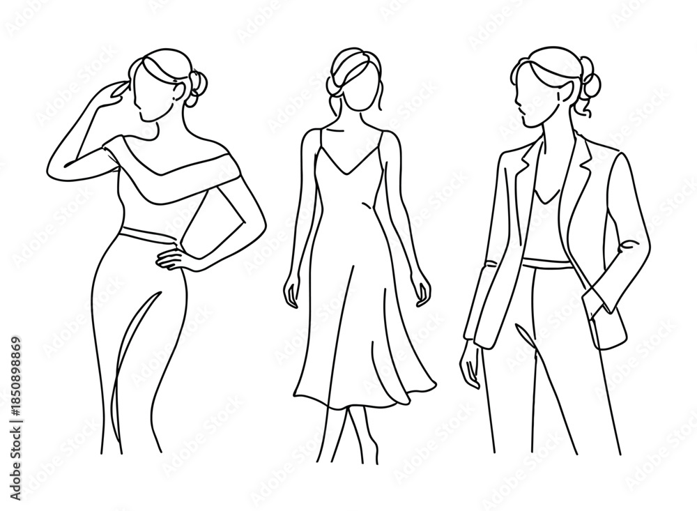 Fototapeta premium Minimalist line art illustration of three female fashion silhouettes wearing an off-shoulder dress, a flowing sundress, and a tailored pantsuit
