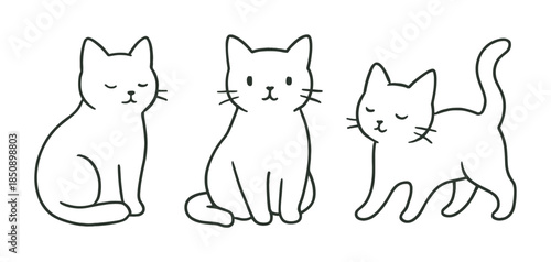 Minimal line art illustration of three cute cats in different poses, two sitting and one walking with tail up, simple monochrome doodle style