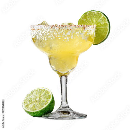 Refreshing Salt Rim Margaritas with Lime Wedges on transparent background