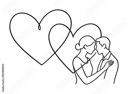 Minimalist one-line drawing of a couple embracing in profile with intertwined hearts behind them, romantic continuous line illustration on white