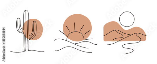 Minimal line art trio showing desert cactus, rising sun over rolling hills, and reclining figure with abstract shapes in warm neutral tones