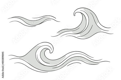 Minimal line art illustration of stylized ocean waves with flowing curves, abstract water motion, and simple monochrome contour strokes on white