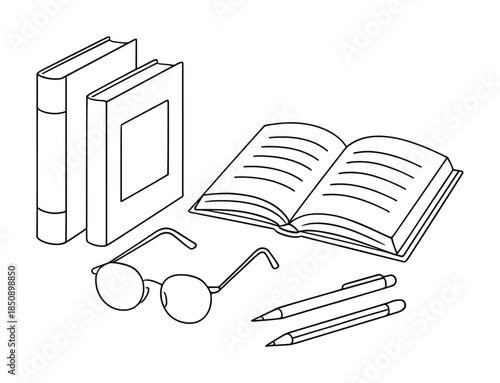 Minimal line drawing of study supplies featuring open book, stacked books, eyeglasses, and pens arranged on a clean white background