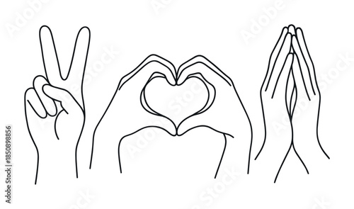 Minimal line art of three hand gestures showing peace sign, heart shape with fingers, and praying hands in simple black outline