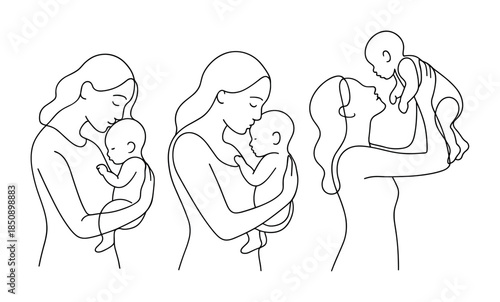 Minimal line drawing of a mother holding and cuddling her baby in three poses, showing tender bonding, care, and affectionate family connection