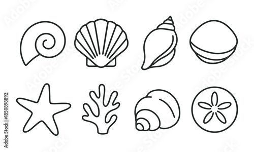 Minimal line art set of sea shell and marine icons including spiral shell, scallop, conch, clam, starfish, coral, and sand dollar