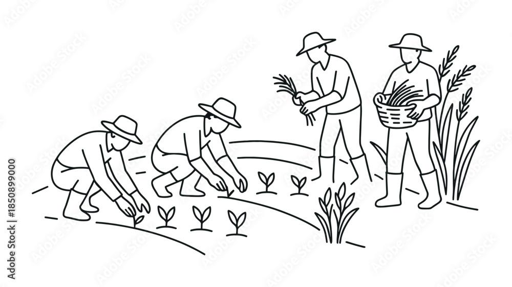 Fototapeta premium Minimal line art illustration of farmers planting seedlings in cultivated field rows, with workers holding baskets and tending crops in agriculture