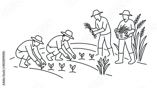 Minimal line art illustration of farmers planting seedlings in cultivated field rows, with workers holding baskets and tending crops in agriculture