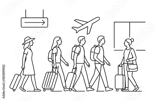 Line art travelers walking with rolling suitcases through an airport terminal, with airplane symbol and directional sign indicating departure gate