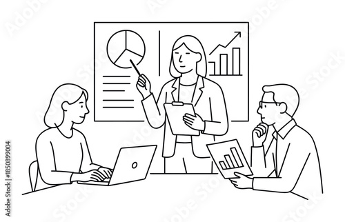 Business team meeting with a woman presenting growth charts on a whiteboard while coworkers review data on a laptop and printed reports