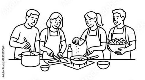 Line art illustration of friends cooking together in a kitchen, stirring pots, chopping ingredients, seasoning food, and holding a bowl of vegetables