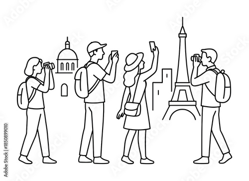 Line art illustration of tourists with backpacks taking photos and sightseeing near a tall tower landmark and city buildings during travel