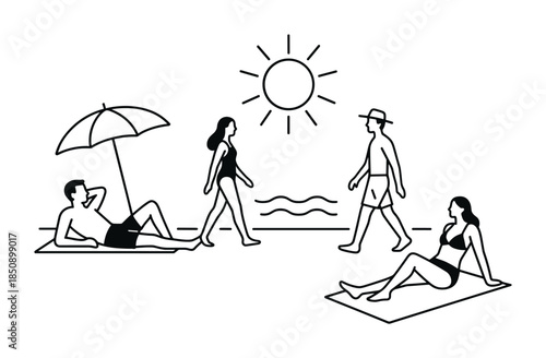 Minimal line art illustration of people relaxing and walking on a sunny beach, sunbathing under an umbrella and lounging on towels near the sea