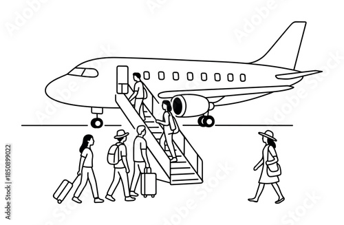 Line drawing of passengers boarding an airplane via stairs on the airport tarmac, travelers walking with luggage for flight departure
