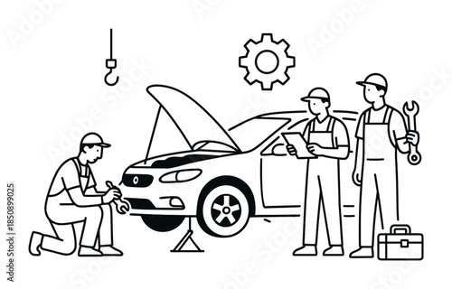 Auto repair team working on a car with open hood and lifted wheel, mechanic checking tire, technicians with clipboard and wrench in workshop