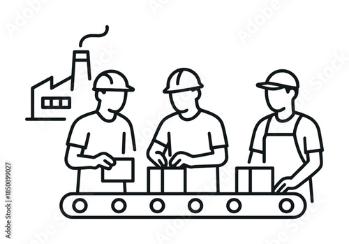 Line icon illustration of factory workers wearing hard hats assembling boxes on a conveyor belt in an industrial manufacturing production line