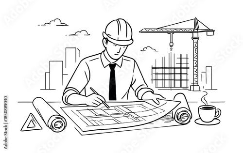 Construction engineer in hardhat reviewing architectural blueprints at a desk with crane and building framework line art illustration