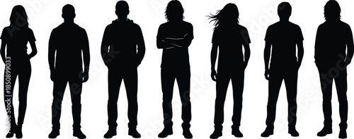 Casual people silhouette collection, standing human figures poses, modern lifestyle concept, anonymous men women profiles, black vector illustration