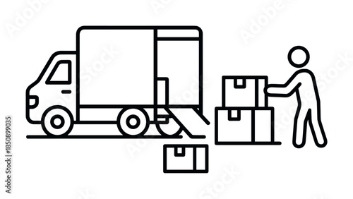 Minimal line icon of a delivery truck with loading ramp and worker stacking cardboard boxes, illustrating moving, shipping, and logistics service