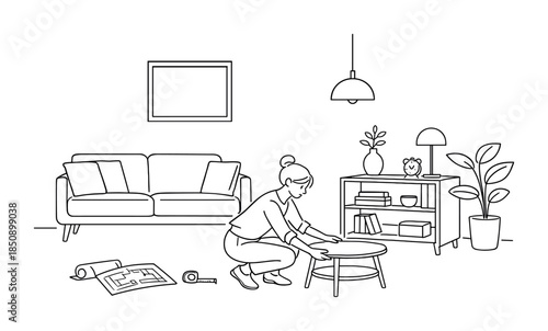 Minimal line drawing of a woman assembling a small table in a cozy living room with sofa, bookshelves, plants, tools, and instruction manual