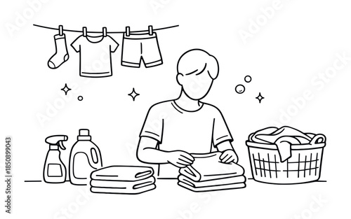 Minimal line illustration of a person folding clean laundry at home with detergent bottles, folded towels, and clothes drying on a clothesline