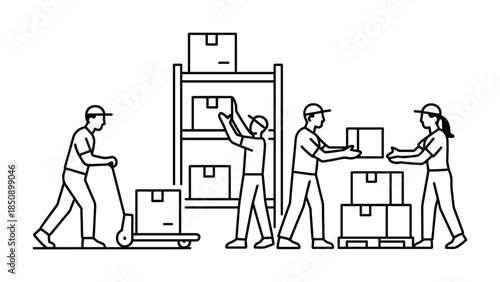 Warehouse workers loading and moving cardboard boxes with pallet jack and shelving, teamwork in inventory handling and logistics operations line art