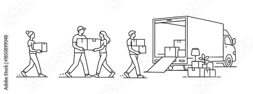 Line drawing of moving team carrying boxes to a delivery truck with open ramp, illustrating relocation service, logistics, packing, and transport