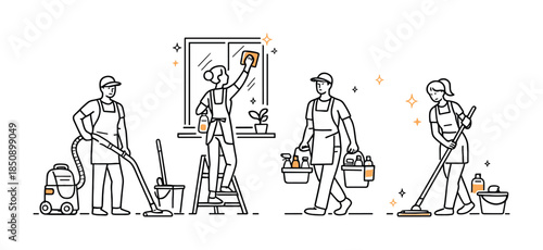 Minimal line illustration of a cleaning crew performing household chores, vacuuming, window washing, mopping floors, and carrying supplies