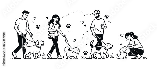 Line art illustration of pet owners walking dogs and training puppies outdoors, showing daily routine, companionship, and responsible animal care