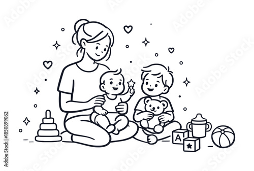 Line art illustration of a mother sitting on the floor with two toddlers, playing with toys, blocks, teddy bear, and stacking rings in a cozy nursery