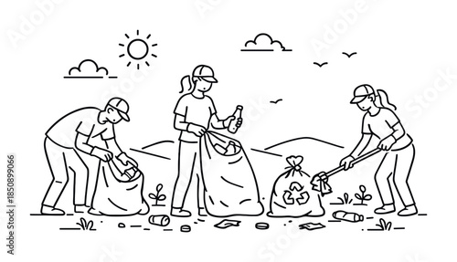 Volunteers collecting litter outdoors, placing bottles and trash into bags for recycling during a community cleanup on a sunny day