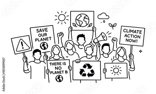 Line art illustration of climate protest crowd holding signs for saving the planet, recycling, renewable energy, and urgent environmental action