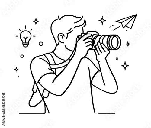 Minimal line art illustration of a photographer holding a camera with backpack, surrounded by creative icons like lightbulb, stars, and paper plane