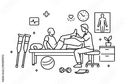 Physical therapy session illustration showing therapist assisting patient leg exercises on treatment table with medical icons and rehab equipment