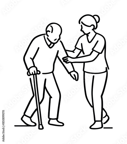 Line art illustration of a caregiver supporting an elderly man using a cane, representing assistance, rehabilitation, and senior mobility care