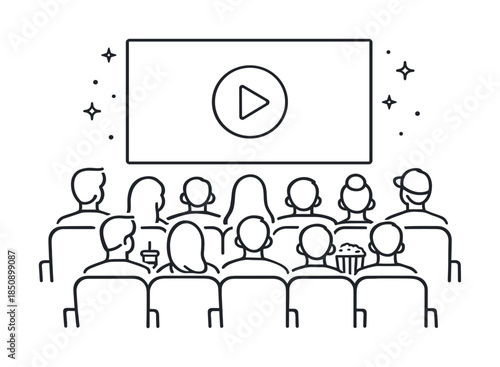 Minimal line art illustration of an audience seated in a movie theater watching a film on a large screen with play icon and popcorn