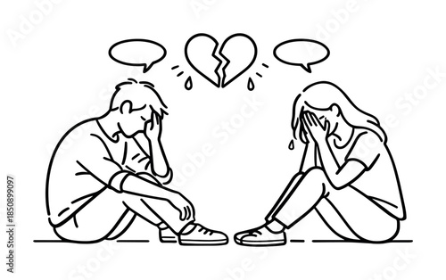 Line art illustration of a sad couple sitting apart and crying with speech bubbles and a broken heart symbolizing breakup and heartbreak