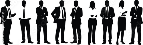 Business people silhouette collection, professional men and women standing together, corporate teamwork concept, office fashion poses, black vector illustration