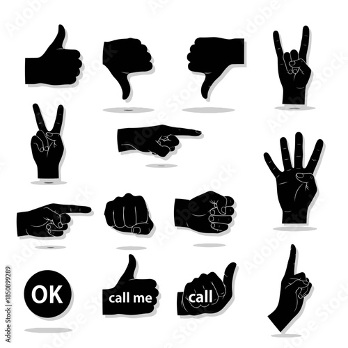 Diverse Hand Gestures Communication and Expression in Silhouette.