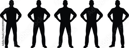 Confident man silhouette lineup, standing power pose with hands on hips, strong leadership concept, minimal black vector illustration