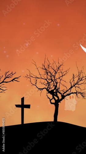 Wallpaper Mural Orange Sunset Cemetery With Crosses And Barren Tree Silhouette, Quiet Horizon With Ghostly Shapes Drifting In Warm Dusk Sky Torontodigital.ca