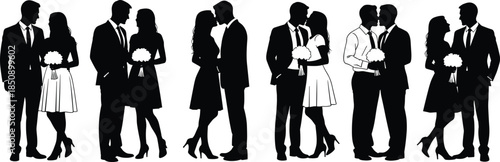 Elegant romantic couple silhouettes, love relationship expressions, wedding engagement moments, man woman poses, black vector illustration collection