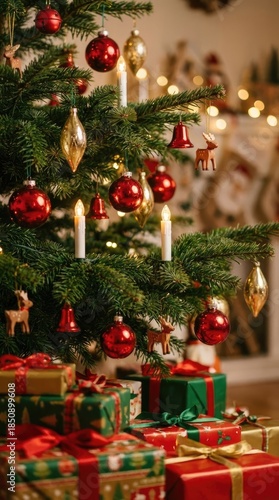 A cozy close-up of a vintage-adorned Christmas tree glows with nostalgic holiday warmth. Generative AI