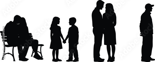 Family and couple silhouette collection, love bonding moments across life stages, parents children romance scenes, black vector illustration