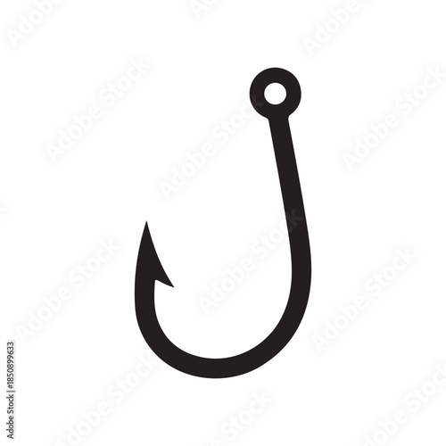 Black silhouette of a fishing hook against a plain white background used for catching fish in various water bodies