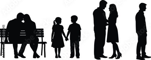 Family and couple silhouette collection, parents children and romantic relationships, love bonding moments, lifestyle concept, black vector illustration