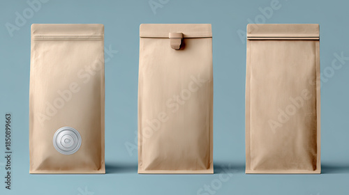 Realistic kraft coffee bag with air valve isolated on clean white background