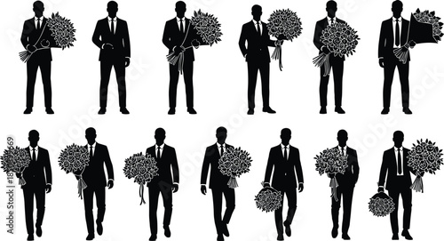 Elegant man silhouette collection, holding flower bouquets, romantic wedding proposal concept, formal suit poses, black vector illustration set